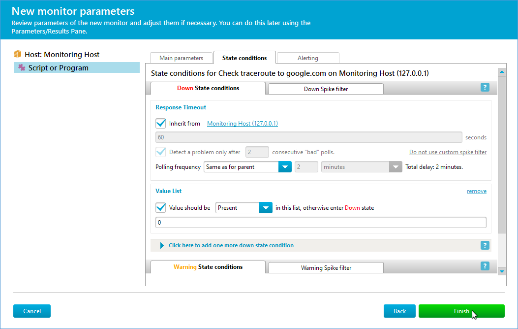 Create Script or Program monitor - specify acceptable return value for tracert