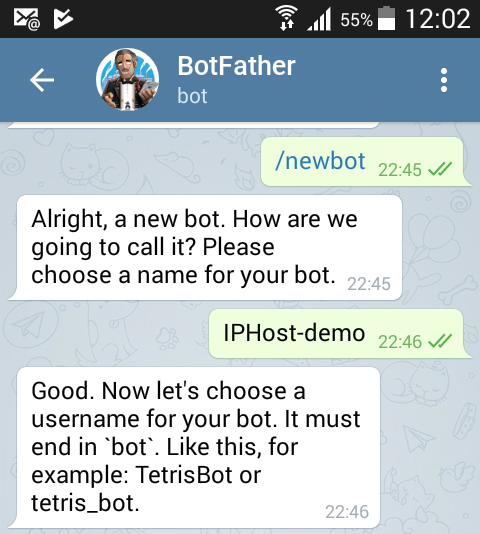 Telegram integration - newbot, step 1