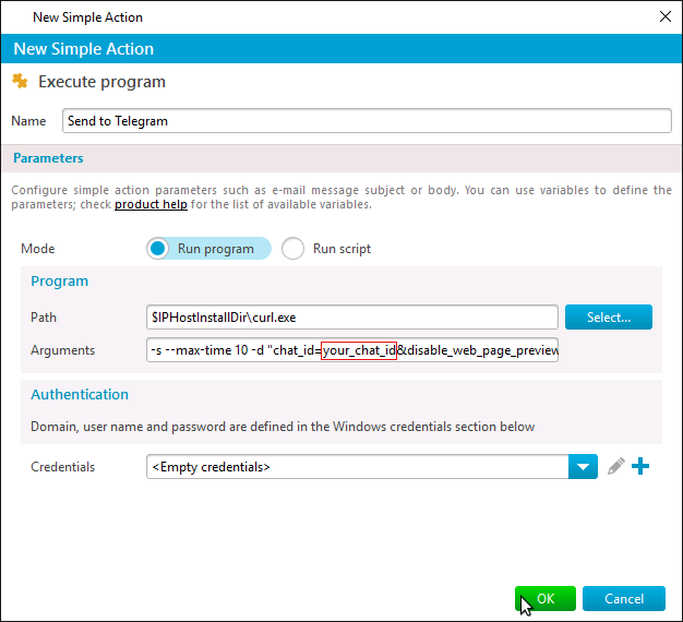 Telegram integration - set Execute Program simple action