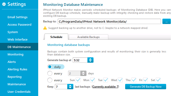 DB Maintenance settings