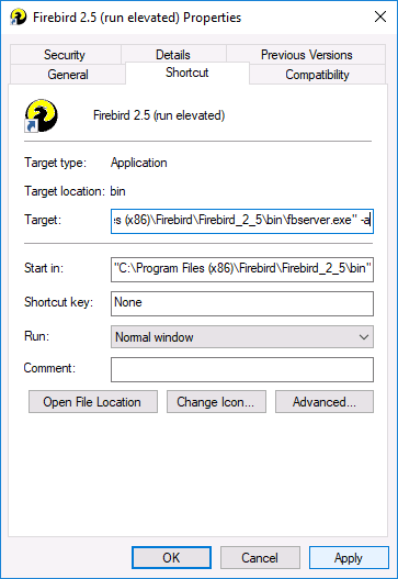 Installing Firebird Server 2.5 - create shortcut