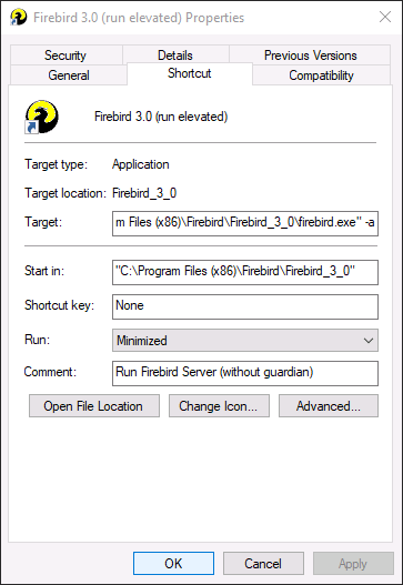 Installing Firebird Server 3.0 - create shortcut