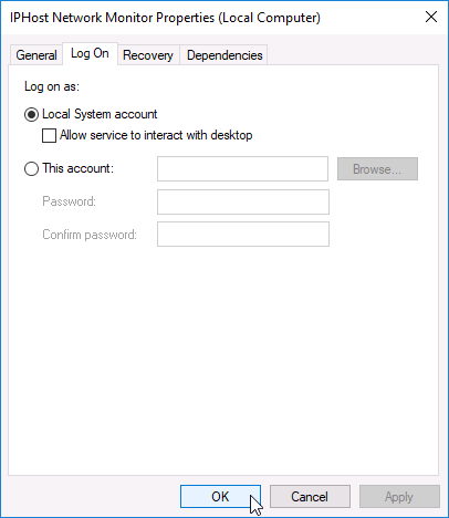 Log on settings for monitoring service